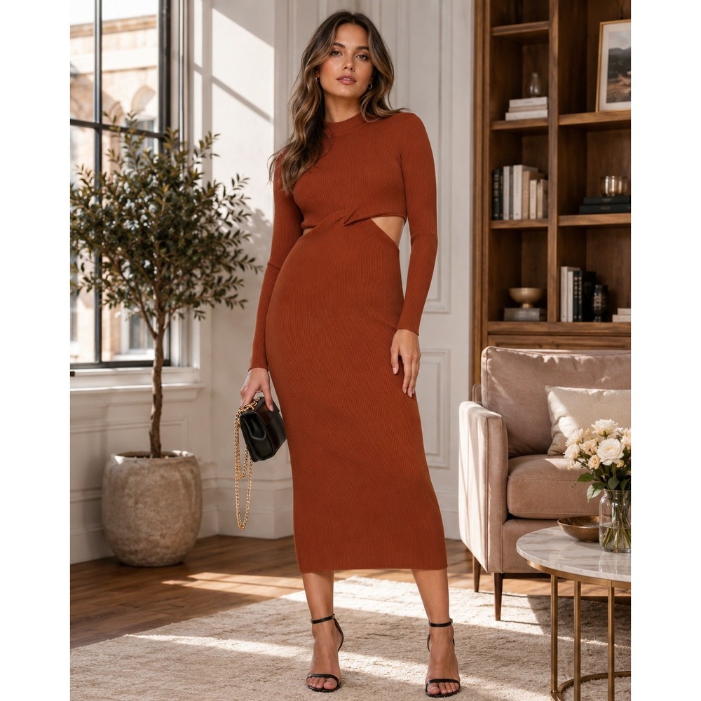 Ronny Kobo Dress Women Medium Orange Maxi Ribbed Cutout Minimalist